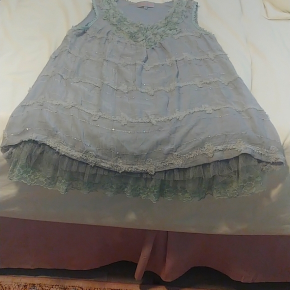 Pretty Angel Sheer Lace Trim Grey Dress Womens Size L Lined Boho - Picture 1 of 3